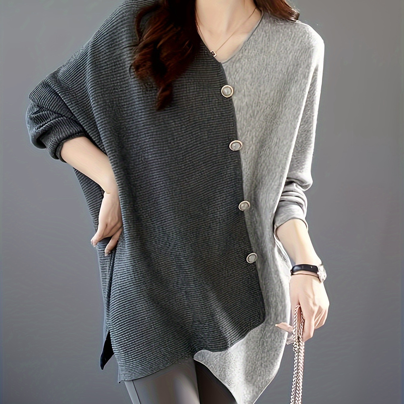 V Neck Sweater, Casual Button Detail Long Sleeve Hem Sweater For Fall & Winter, Women's Clothing
V Neck Sweater, Casual Button Detail Long Sleeve Hem Sweater For Fall & Winter, Women's Clothing