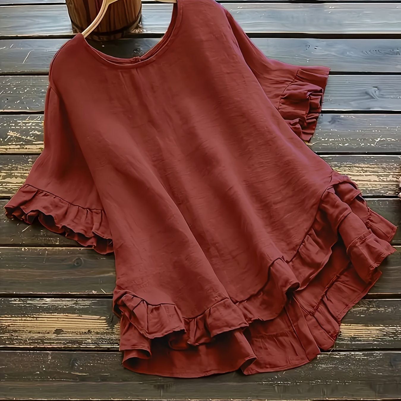 Plus Size Ruffle Solid Blouse, Casual Crew Neck Short Sleeve Blouse For Spring, Women's Plus Size clothing
Plus Size Ruffle Solid Blouse, Casual Crew Neck Short Sleeve Blouse For Spring, Women's Plus Size clothing