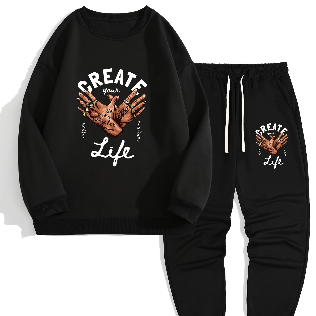 Hip Hop Hands Print, Men's 2pcs, Casual Loose Comfy Sweatshirt And Drawstring Waist Sweatpants Set For Autumn Winter
Hip Hop Hands Print, Men's 2pcs, Casual Loose Comfy Sweatshirt And Drawstring Waist Sweatpants Set For Autumn Winter