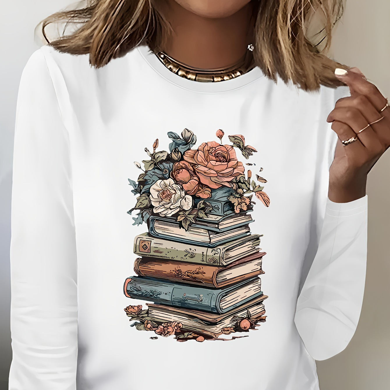 Books Print T-shirt, Long Sleeve Crew Neck Casual Top For Spring & Fall, Women's Clothing
Books Print T-shirt, Long Sleeve Crew Neck Casual Top For Spring & Fall, Women's Clothing