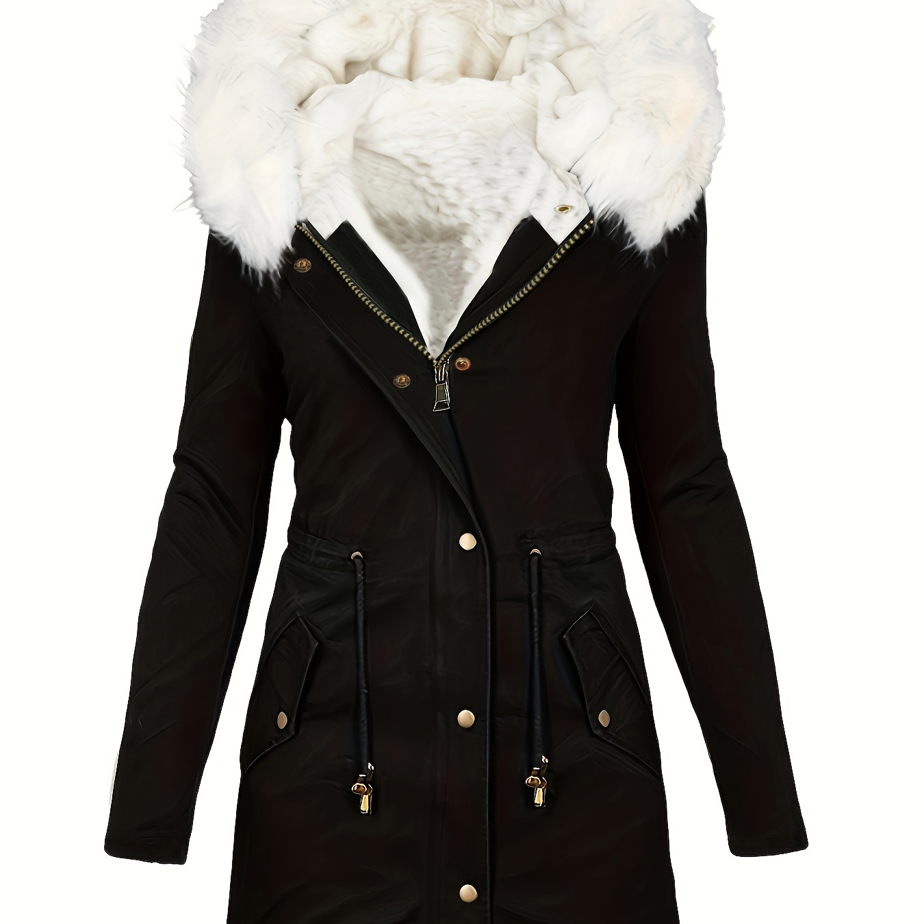 Fur Hood Drawstring Parka Coat, Zip Up Button Front Pocket Thermal Overcoat, Women's Clothing
Fur Hood Drawstring Parka Coat, Zip Up Button Front Pocket Thermal Overcoat, Women's Clothing