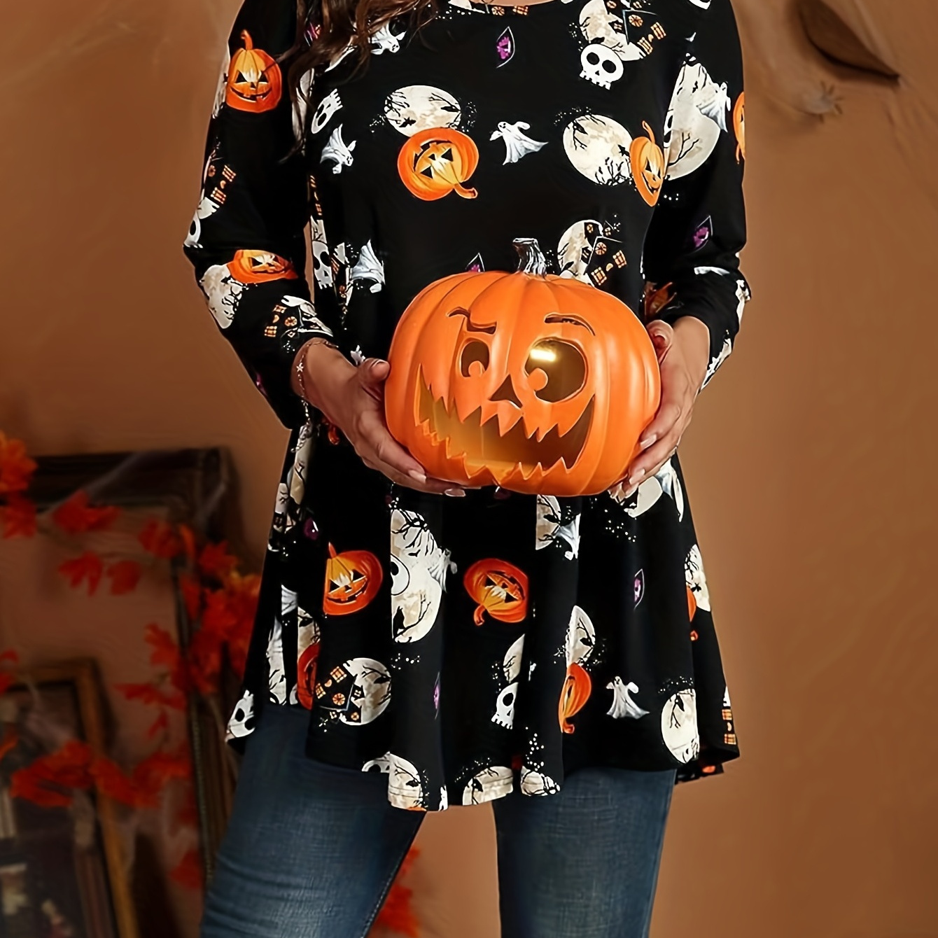 Halloween Pumpkin Print Dress, Casual Crew Neck Long Sleeve Mini Dress, Women's Clothing
Halloween Pumpkin Print Dress, Casual Crew Neck Long Sleeve Mini Dress, Women's Clothing