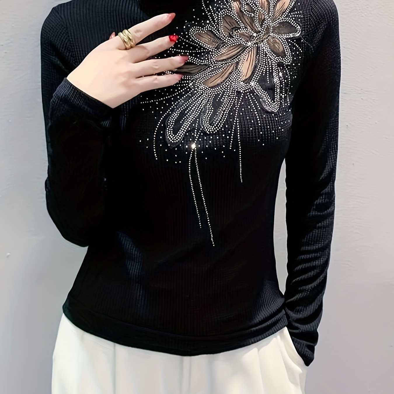 Elegant High-neck Long Sleeve Top With Rhinestone Detail - Stretchy Mesh Fabric, Spring/fall
Elegant High-neck Long Sleeve Top With Rhinestone Detail - Stretchy Mesh Fabric, Spring/fall