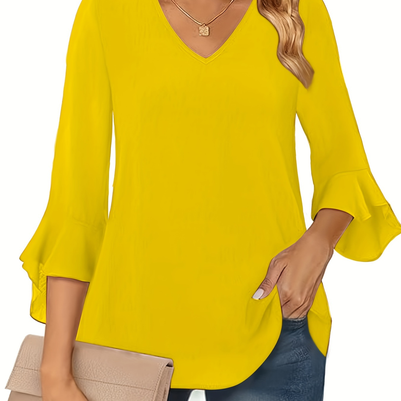 Blouse simple à col en V, décontractée à manches 3/4 pour le printemps et l'automne, vêtements pour femmes
Blouse simple à col en V, décontractée à manches 3/4 pour le printemps et l'automne, vêtements pour femmes
