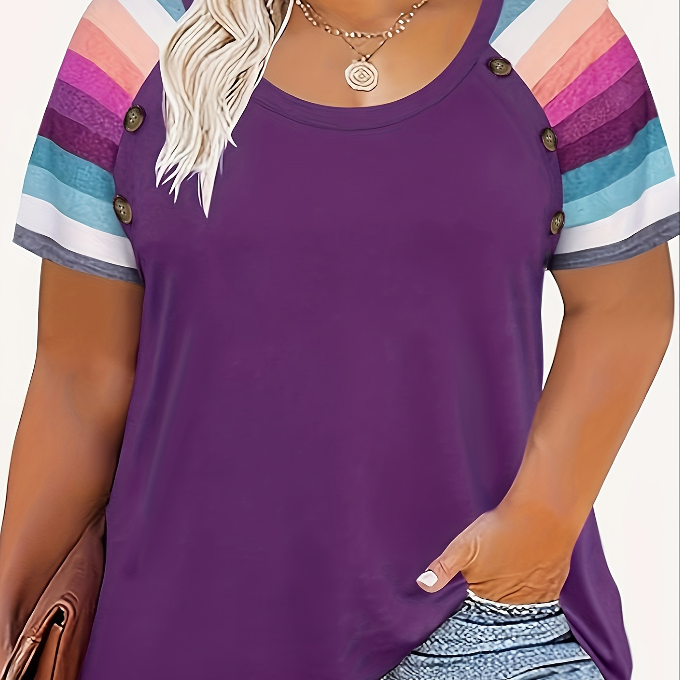 Plus Size Striped Print T-shirt, Casual Crew Neck Short Sleeve T-shirt, Women's Plus Size clothing
Plus Size Striped Print T-shirt, Casual Crew Neck Short Sleeve T-shirt, Women's Plus Size clothing