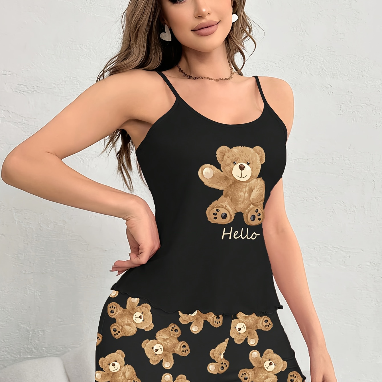 Teddy Bear & Letter Print Frill Trim Pajama Set, Cute Round Neck Backless Cami Top & Elastic Shorts, Women's Sleepwear
Teddy Bear & Letter Print Frill Trim Pajama Set, Cute Round Neck Backless Cami Top & Elastic Shorts, Women's Sleepwear
