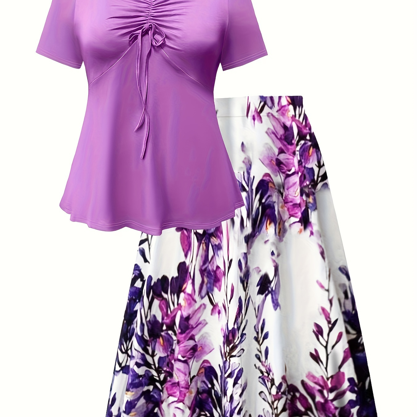 Plus Size Elegant Spring & Summer Skirt Set, Solid Color Tie Front V Neck Short Sleeve Top & Floral Print Skirt Outfits, Women's Plus Size Clothing
Plus Size Elegant Spring & Summer Skirt Set, Solid Color Tie Front V Neck Short Sleeve Top & Floral Print Skirt Outfits, Women's Plus Size Clothing