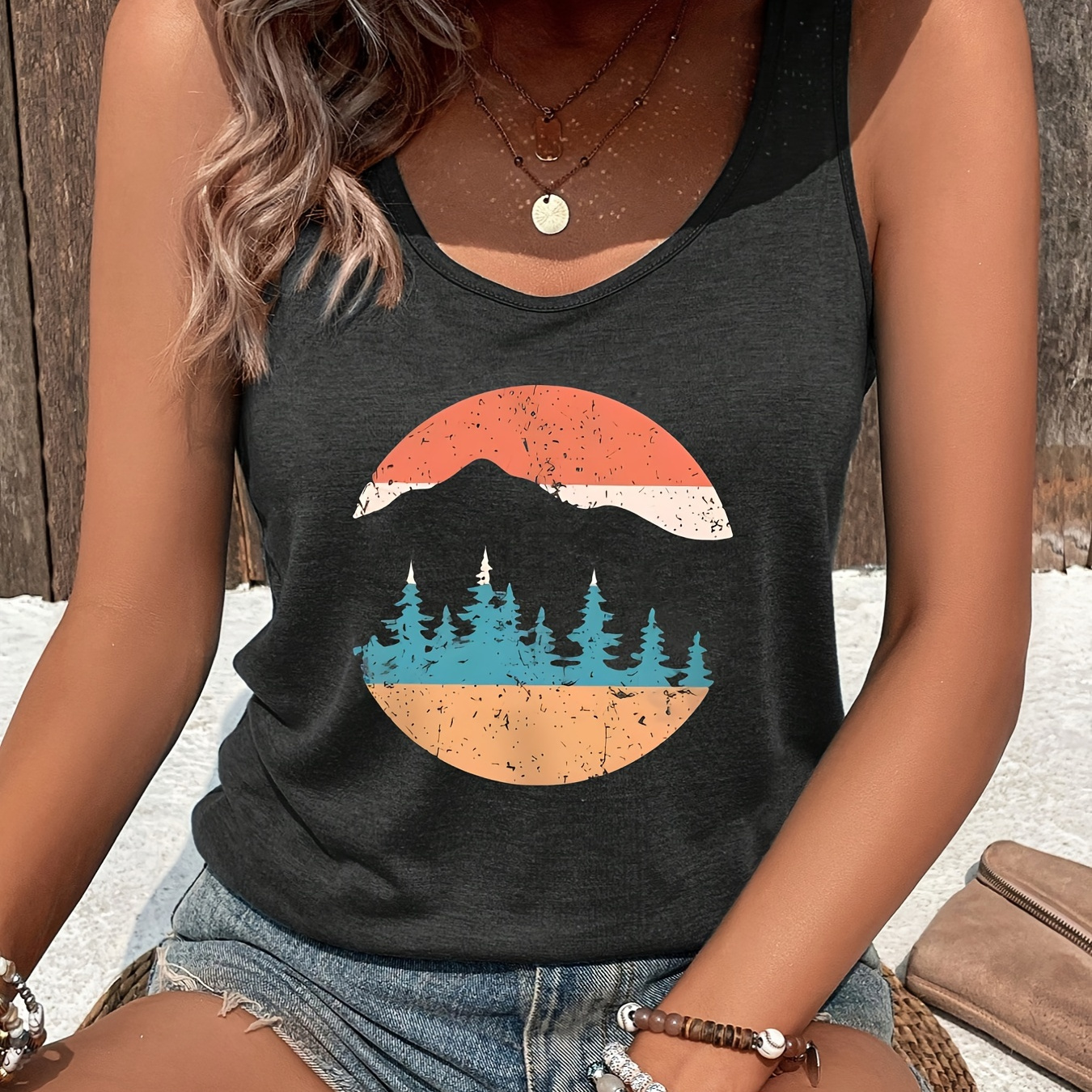 Mountain Print Crew Neck Tank Top, Casual Sleeveless Top For Spring & Summer, Women's Clothing
Mountain Print Crew Neck Tank Top, Casual Sleeveless Top For Spring & Summer, Women's Clothing