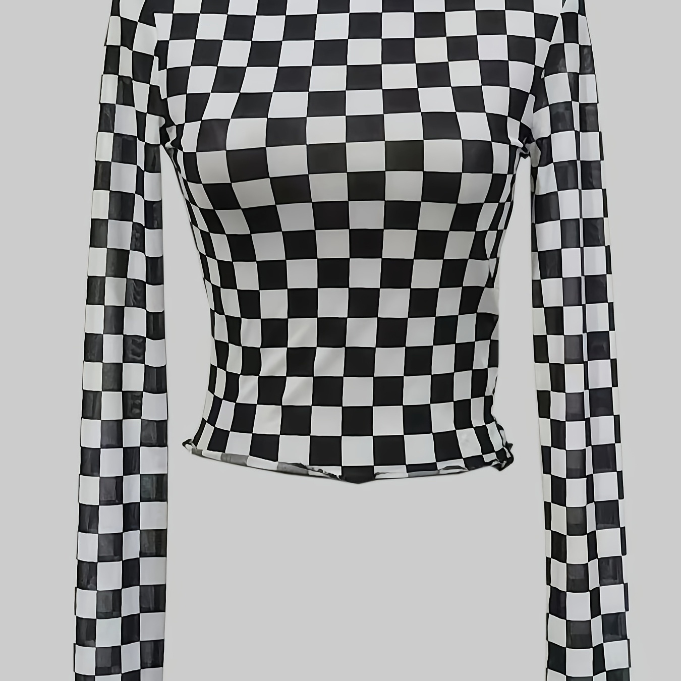 Chic Black & White Checkered Long Sleeve Women's T-shirt With Round Neck - Sexy Sheer Mesh Top, Polyester , Machine Washable
Chic Black & White Checkered Long Sleeve Women's T-shirt With Round Neck - Sexy Sheer Mesh Top, Polyester , Machine Washable