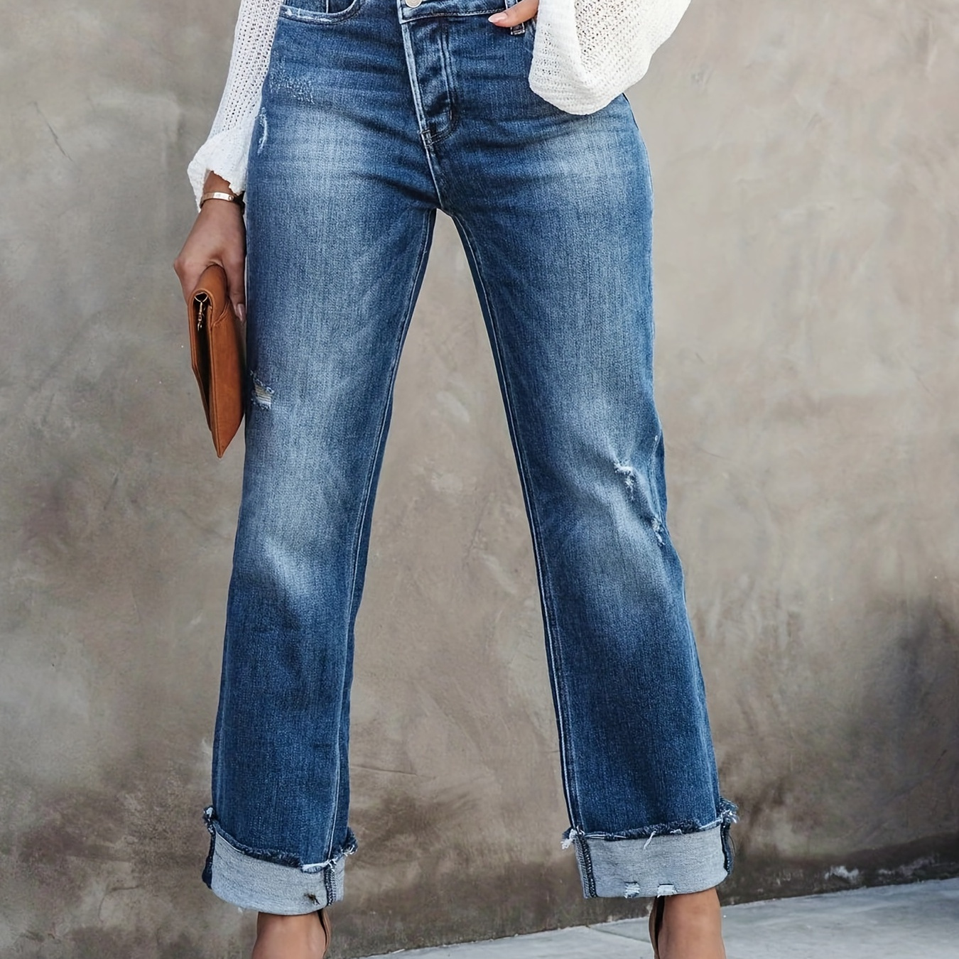 Plus Size Casual Jeans, Women's Plus Solid Ripped Raw Trim Button Fly Irregular High Rise High Stretch Roll Up Jeans
Plus Size Casual Jeans, Women's Plus Solid Ripped Raw Trim Button Fly Irregular High Rise High Stretch Roll Up Jeans