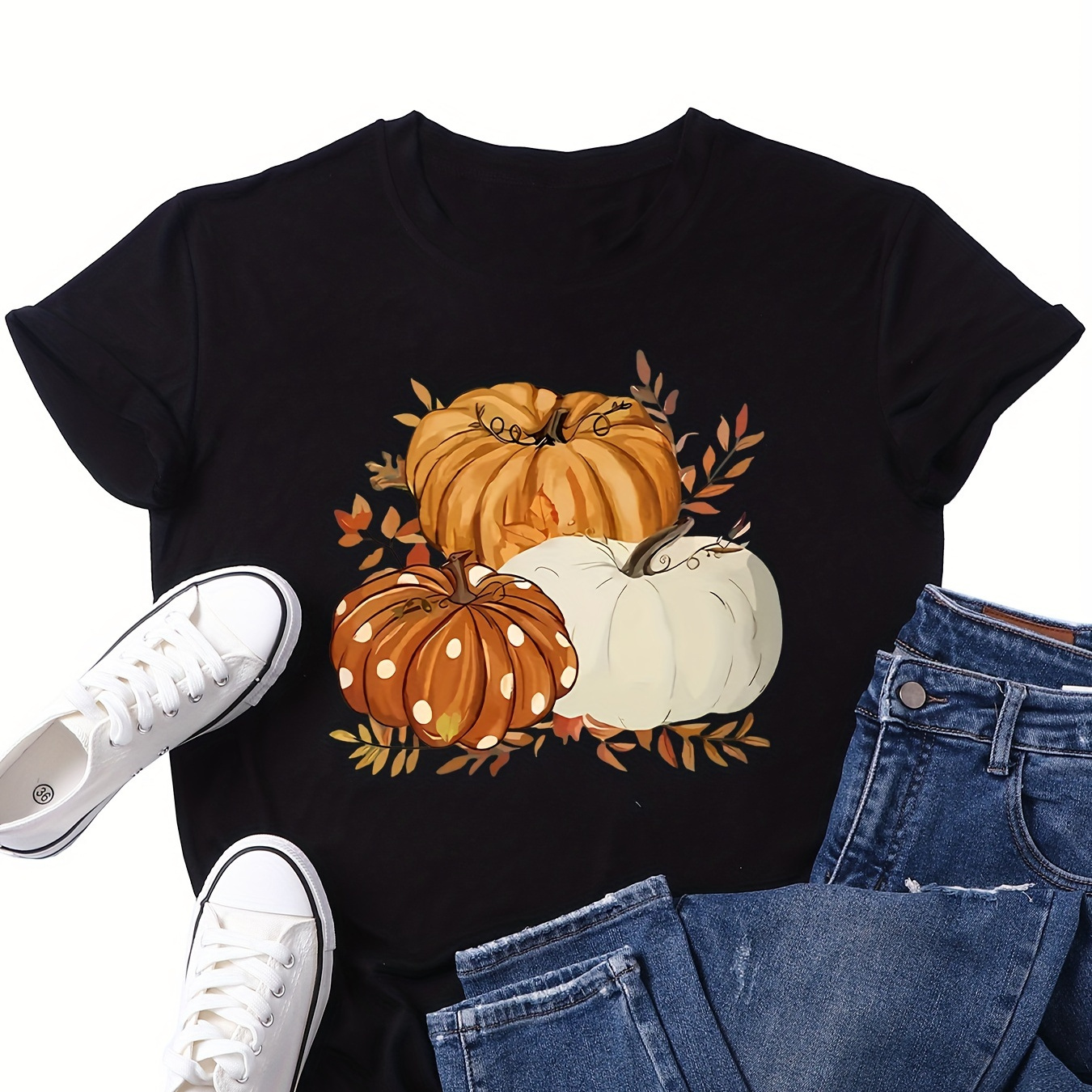 Women's Casual Pumpkin Print T-shirt - 100% Polyester Knit Fabric, Round Neck, Regular Fit, Pullover With Plant
Women's Casual Pumpkin Print T-shirt - 100% Polyester Knit Fabric, Round Neck, Regular Fit, Pullover With Plant