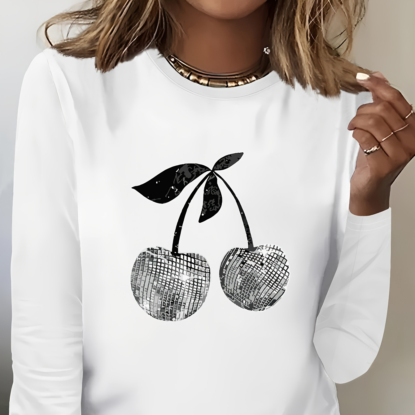 Cherry Print T-shirt, Long Sleeve Crew Neck Casual Top For Spring & Fall, Women's Clothing
Cherry Print T-shirt, Long Sleeve Crew Neck Casual Top For Spring & Fall, Women's Clothing