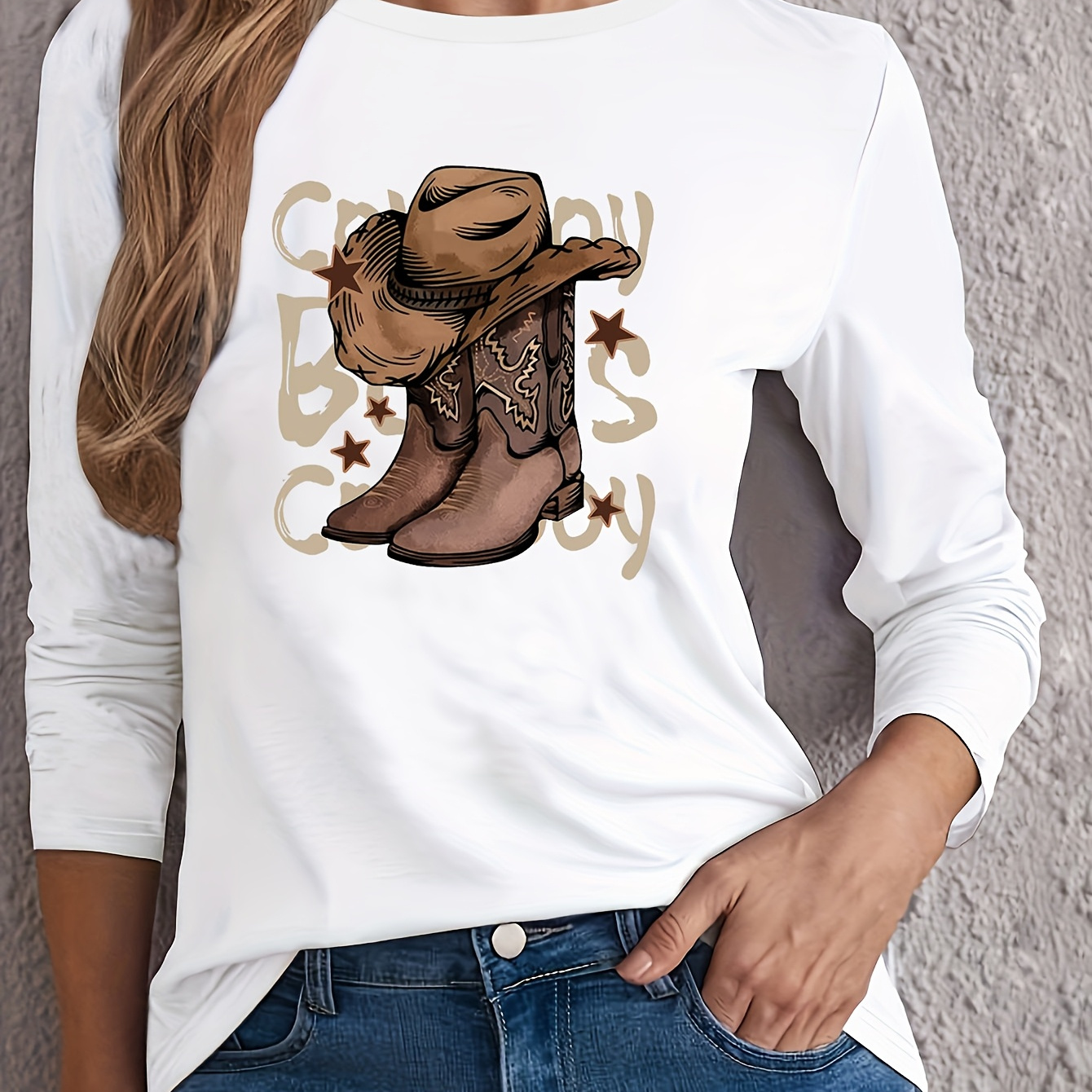 Western Cowboy Boot & Hat Print Long Sleeve T-shirt, Crew Neck, Polyester Knit Top, Casual Cartoon Pattern Fashion Shirt For Women, All
Western Cowboy Boot & Hat Print Long Sleeve T-shirt, Crew Neck, Polyester Knit Top, Casual Cartoon Pattern Fashion Shirt For Women, All