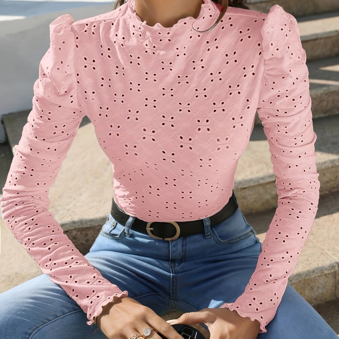 Solid Color Eyelet T-shirt, Elegant Puff Sleeve Slim T-shirt For Spring & Fall, Women's Clothing
Solid Color Eyelet T-shirt, Elegant Puff Sleeve Slim T-shirt For Spring & Fall, Women's Clothing