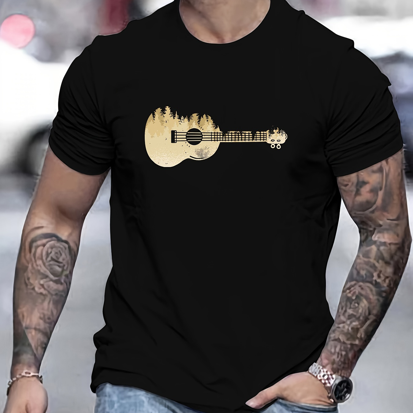 Stylish Guitar Graphic Print Men's Creative Top, Casual Short Sleeve Crew Neck T-shirt, Men's Clothing For Summer Outdoor
Stylish Guitar Graphic Print Men's Creative Top, Casual Short Sleeve Crew Neck T-shirt, Men's Clothing For Summer Outdoor