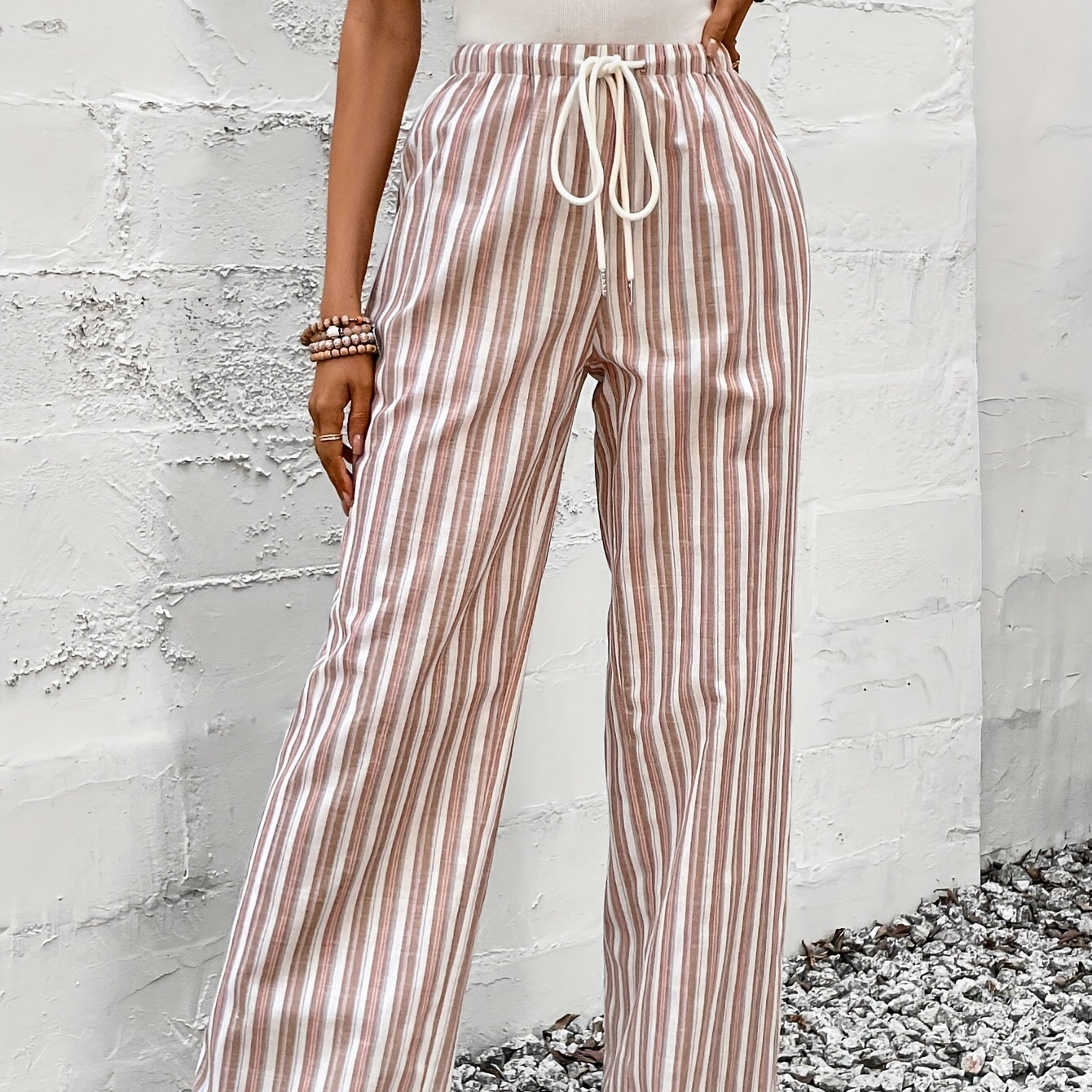 Stripe Print Wide Leg Pants, Casual Drawstring Waist Loose Pants For Spring & Summer, Women's Clothing
Stripe Print Wide Leg Pants, Casual Drawstring Waist Loose Pants For Spring & Summer, Women's Clothing