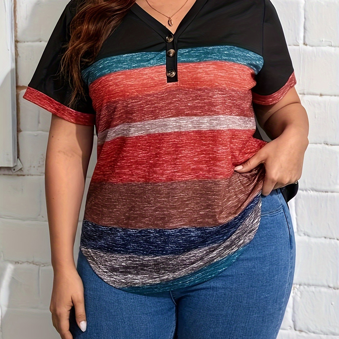 Plus Size Colorblock Striped T-shirt, Casual V Neck Short Sleeve T-shirt, Women's Plus Size clothing
Plus Size Colorblock Striped T-shirt, Casual V Neck Short Sleeve T-shirt, Women's Plus Size clothing