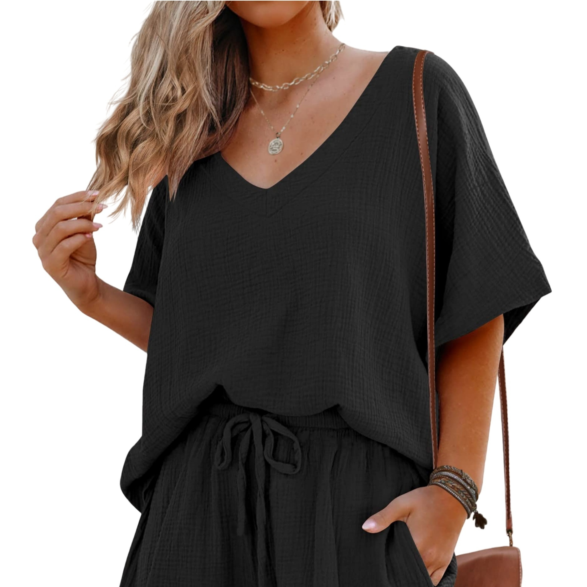 Casual Simple Solid Color Shorts Set, V Neck Top & Drawstring Waist Shorts Outfits For Spring & Summer, Women's Clothing
Casual Simple Solid Color Shorts Set, V Neck Top & Drawstring Waist Shorts Outfits For Spring & Summer, Women's Clothing