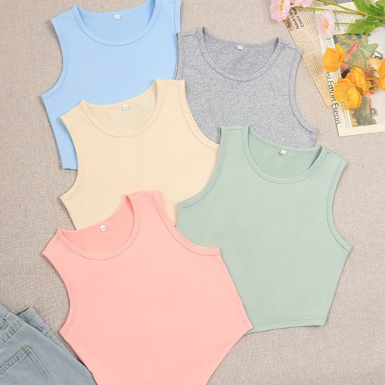 Versatile Solid 5pcs T-shirt Set, Girls Casual Solid Crew Neck Sleeveless Tees For Summer Gift
Versatile Solid 5pcs T-shirt Set, Girls Casual Solid Crew Neck Sleeveless Tees For Summer Gift