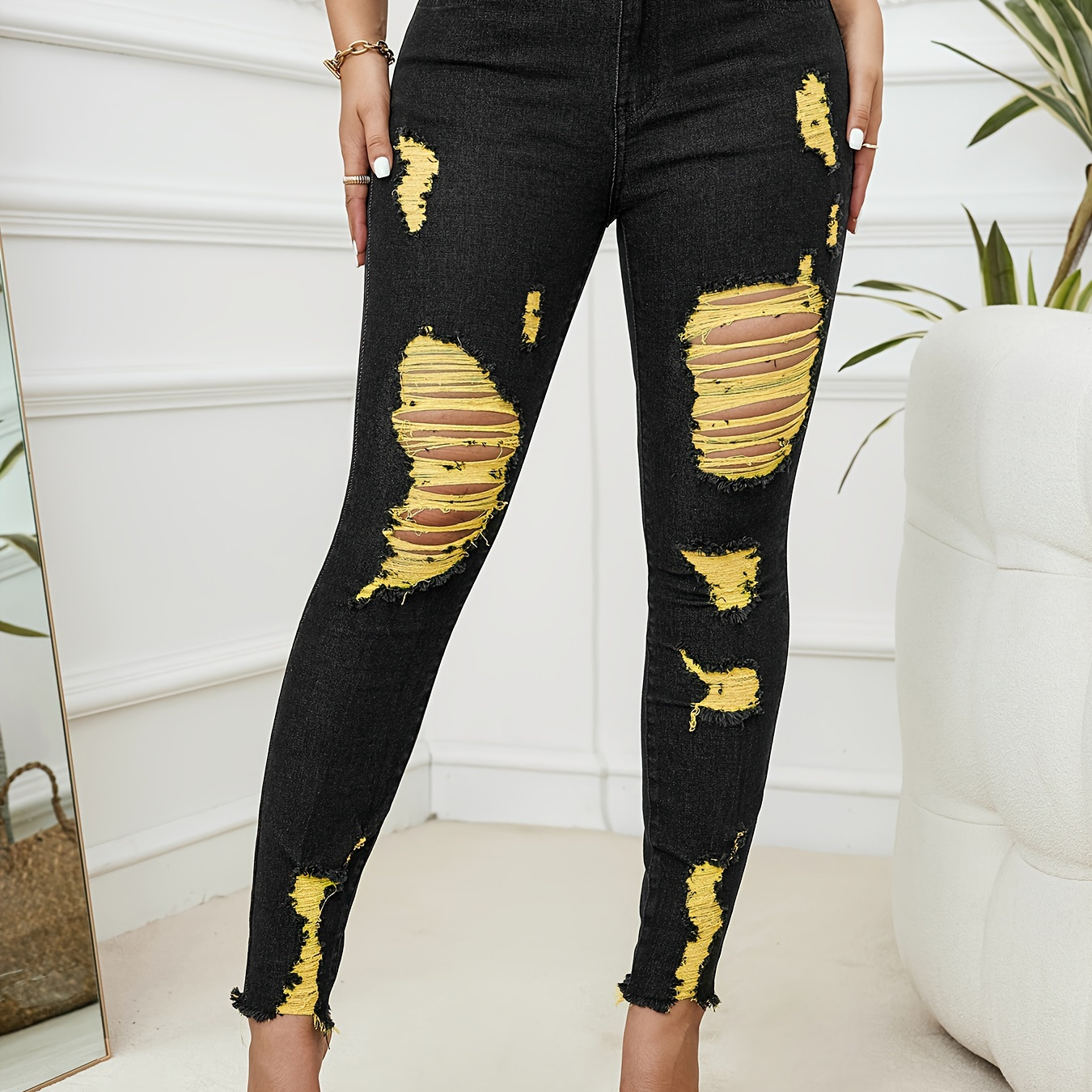 Women's Fashion Distressed Jeans, Mid-waist Stretch Denim, Casual Ripped Long Pants With Frayed Hem, Washed Effect, Black With Yellow Detail
Women's Fashion Distressed Jeans, Mid-waist Stretch Denim, Casual Ripped Long Pants With Frayed Hem, Washed Effect, Black With Yellow Detail