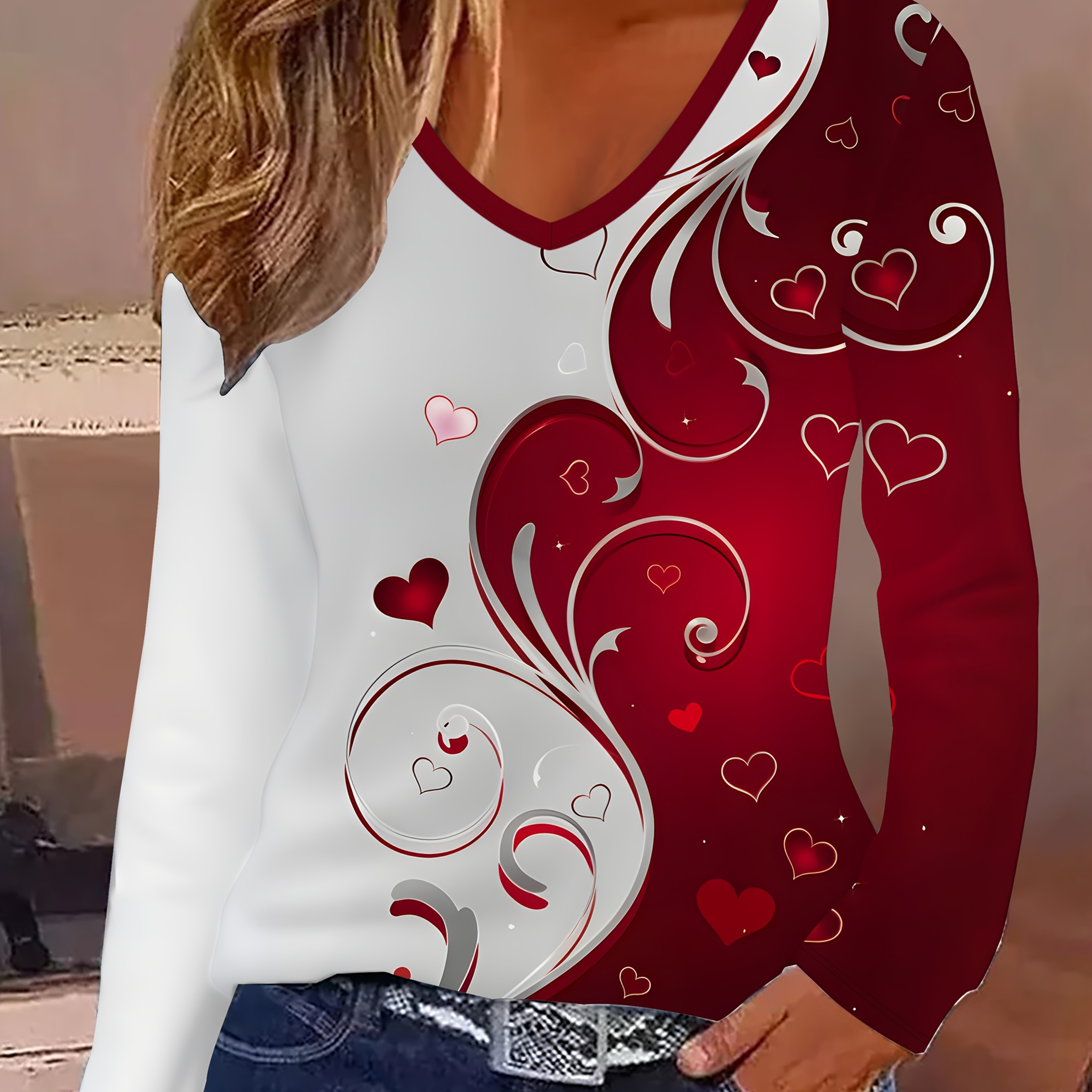 T-Shirt à Col en V pour Femme avec Imprimé Cœur 3D , Manches Longues, Mélange de Polyester Extensible, Lavable en Machine - pour la Saint-Valentin
T-Shirt à Col en V pour Femme avec Imprimé Cœur 3D , Manches Longues, Mélange de Polyester Extensible, Lavable en Machine - pour la Saint-Valentin