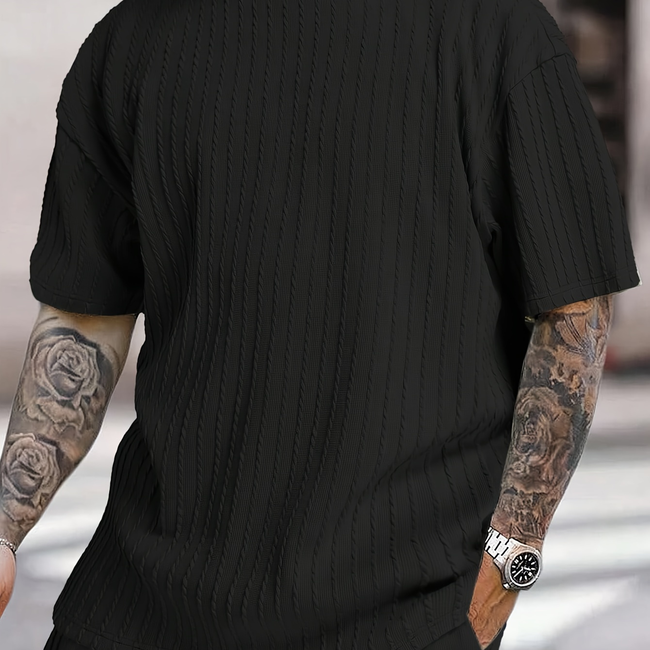 Trendy Ribbed Short Sleeve T-shirt, Men's Casual Loose Round Neck Tee For Summer Sports
Trendy Ribbed Short Sleeve T-shirt, Men's Casual Loose Round Neck Tee For Summer Sports