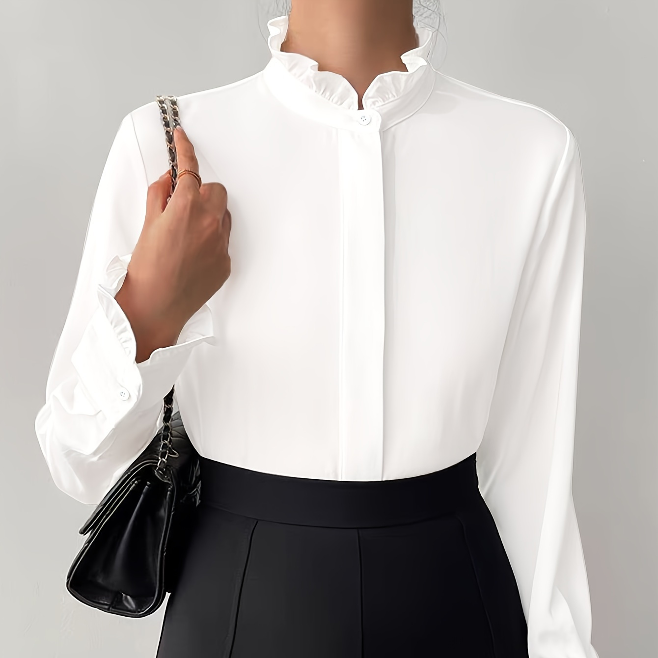 Elegant Women's Long Sleeve Blouse In Solid Color - Casual Polyester With Stand Collar, Ruffle Detail & Cuff Sleeves - Machine Washable, Semi-sheer For All
Elegant Women's Long Sleeve Blouse In Solid Color - Casual Polyester With Stand Collar, Ruffle Detail & Cuff Sleeves - Machine Washable, Semi-sheer For All