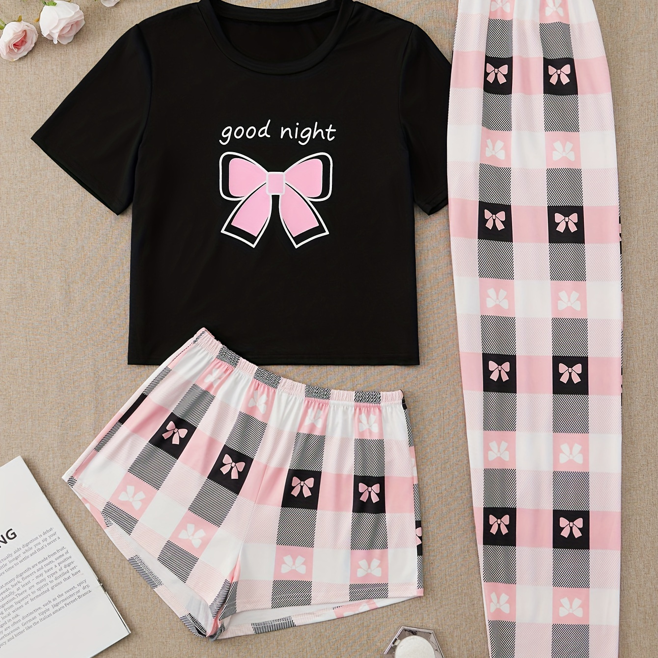 Bow Print Pajamas Set, Short Sleeve Crew Neck Top & Plaid Shorts & Pants, Women's Sleepwear & Loungewear
Bow Print Pajamas Set, Short Sleeve Crew Neck Top & Plaid Shorts & Pants, Women's Sleepwear & Loungewear