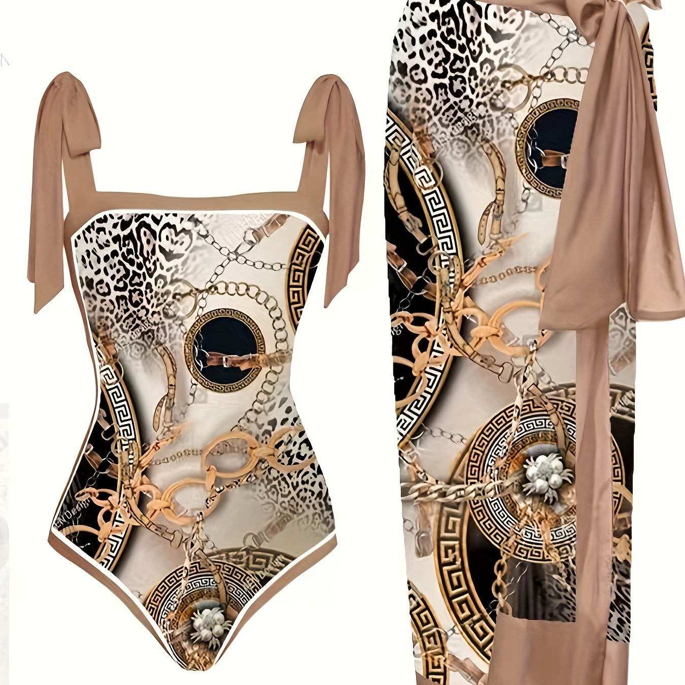 Women's Retro One-piece Swimsuit With Cover Up, Plus Size Chain Pattern Bow Tie Shoulder Straps Beach One-piece Bathing-suit & Cover Up Skirt 2 Piece Set
Women's Retro One-piece Swimsuit With Cover Up, Plus Size Chain Pattern Bow Tie Shoulder Straps Beach One-piece Bathing-suit & Cover Up Skirt 2 Piece Set