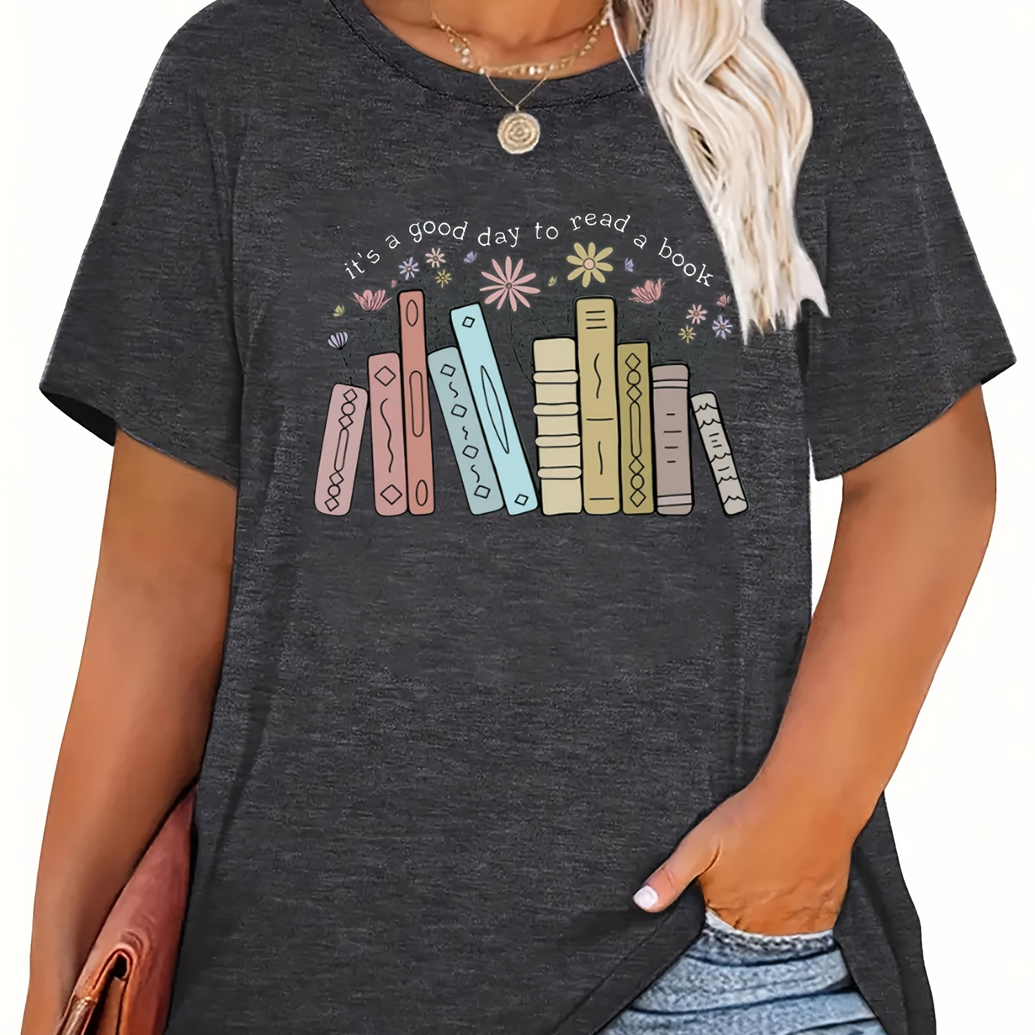 Plus Size Books Print T-shirt, Casual Crew Neck Short Sleeve T-shirt, Women's Plus Size clothing
Plus Size Books Print T-shirt, Casual Crew Neck Short Sleeve T-shirt, Women's Plus Size clothing