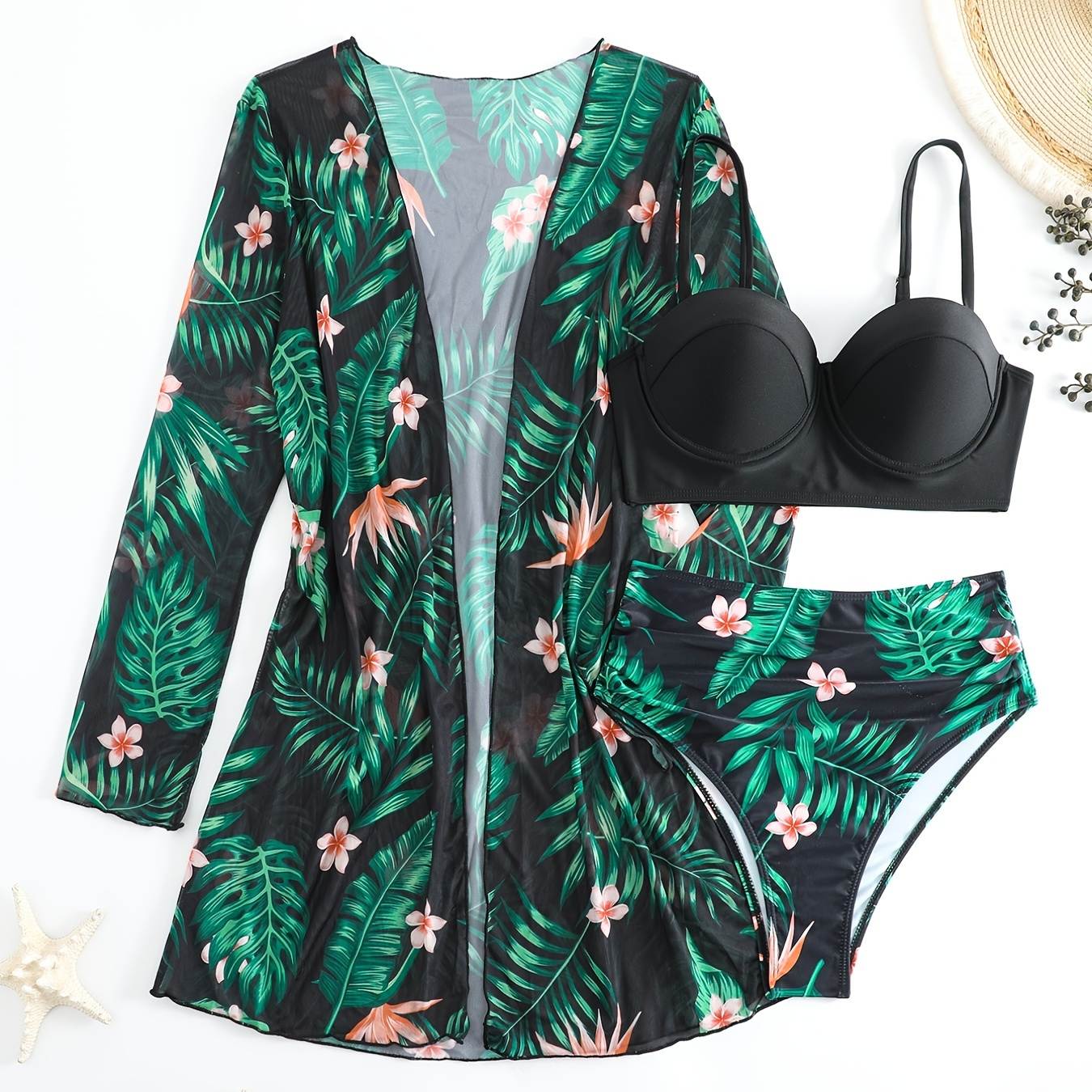 3-pieces Tropical Floral & Leaf Print Bikini Sets, V Neck High Cut With Long Sleeve Cover Up Shirt Swimsuit, Women's Swimwear & Clothing
3-pieces Tropical Floral & Leaf Print Bikini Sets, V Neck High Cut With Long Sleeve Cover Up Shirt Swimsuit, Women's Swimwear & Clothing