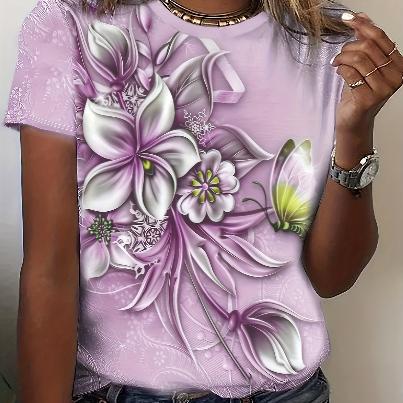 Plus Size Casual T-shirt, Women's Plus Tie Dye Floral Butterfly Print Short Sleeve Round Neck Medium Stretch T-shirt
Plus Size Casual T-shirt, Women's Plus Tie Dye Floral Butterfly Print Short Sleeve Round Neck Medium Stretch T-shirt