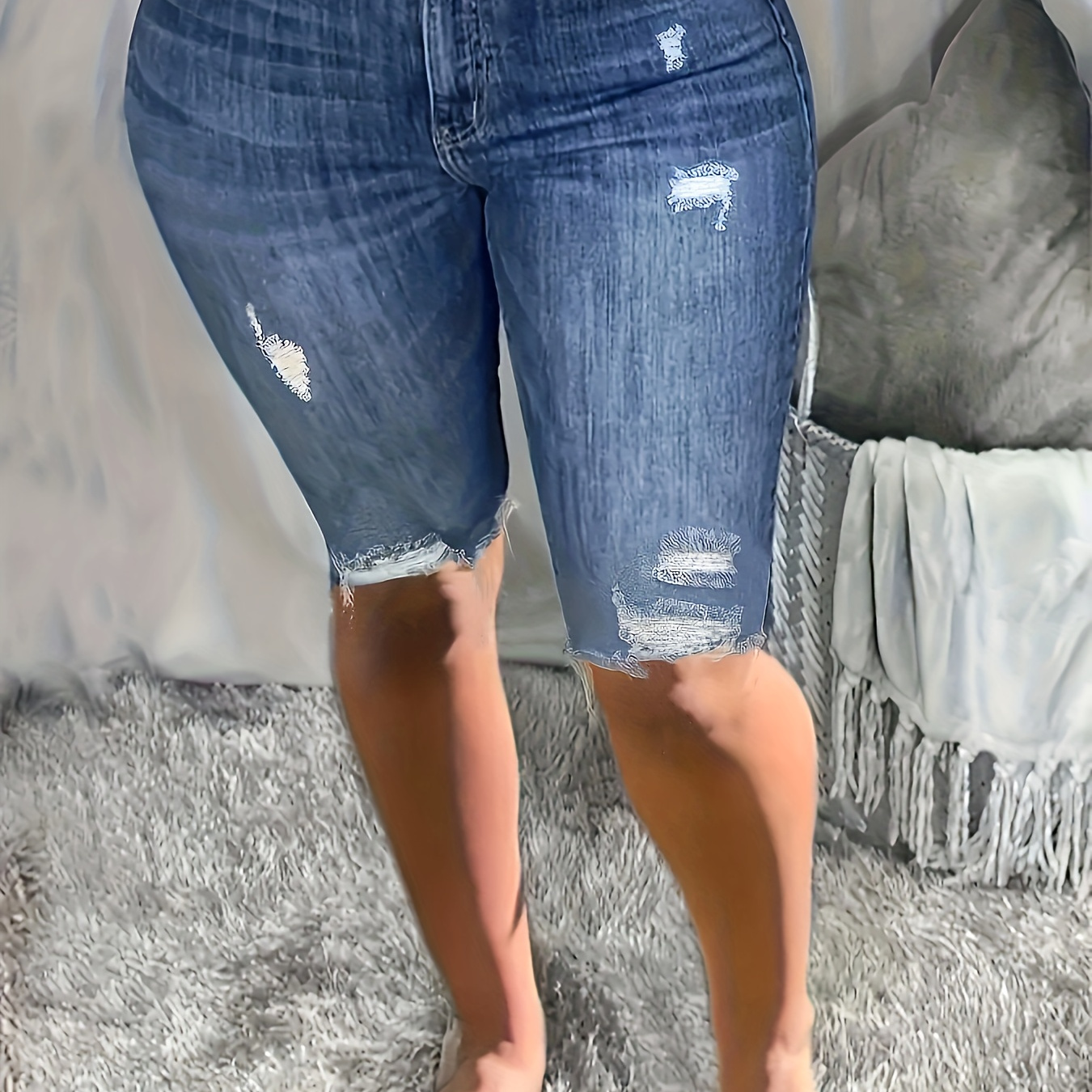 Frayed Hem Washed Bermuda Denim Shorts, Ripped Holes Slash Pockets Slimming Short Denim Pants, Women's Denim Jeans & Clothing
Frayed Hem Washed Bermuda Denim Shorts, Ripped Holes Slash Pockets Slimming Short Denim Pants, Women's Denim Jeans & Clothing