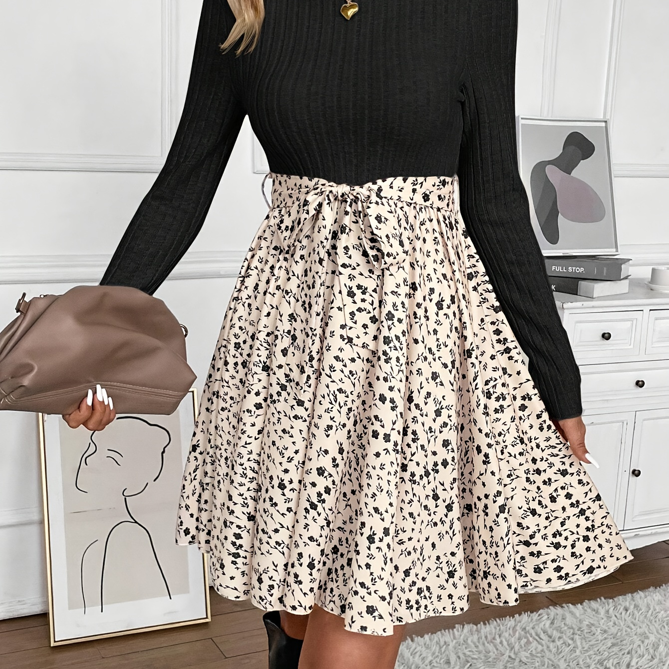 Belted Ribbed Splicing Floral Print Dress, Elegant Long Sleeve A-line Dress For Spring & Fall, Women's Clothing
Belted Ribbed Splicing Floral Print Dress, Elegant Long Sleeve A-line Dress For Spring & Fall, Women's Clothing