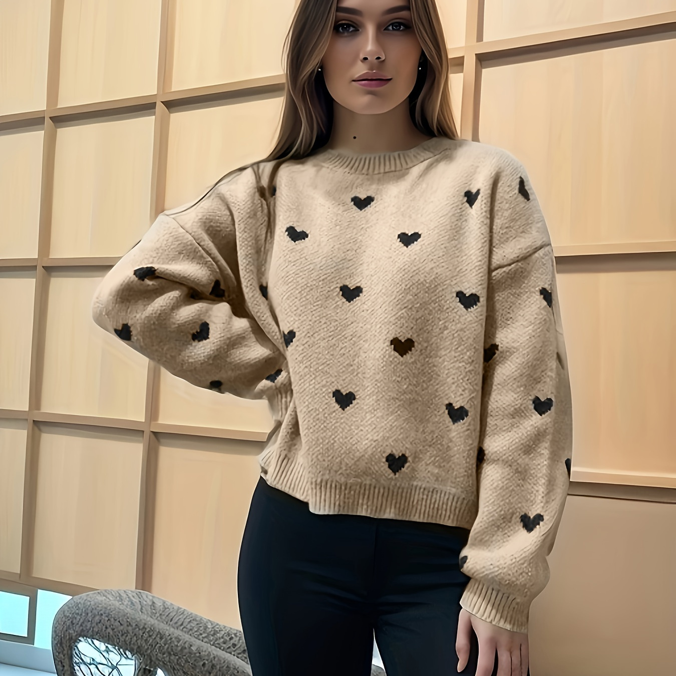 Heart Pattern Crew Neck Sweater, Casual Long Sleeve Sweater For Fall & Winter, Women's Clothing, Valentine's Day
Heart Pattern Crew Neck Sweater, Casual Long Sleeve Sweater For Fall & Winter, Women's Clothing, Valentine's Day