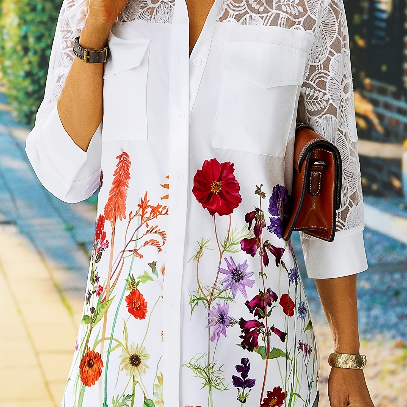 Floral Print Lace Collar Shirt, Casual Button Front 3/4 Sleeve Pockets Shirt, Women's Clothing
Floral Print Lace Collar Shirt, Casual Button Front 3/4 Sleeve Pockets Shirt, Women's Clothing