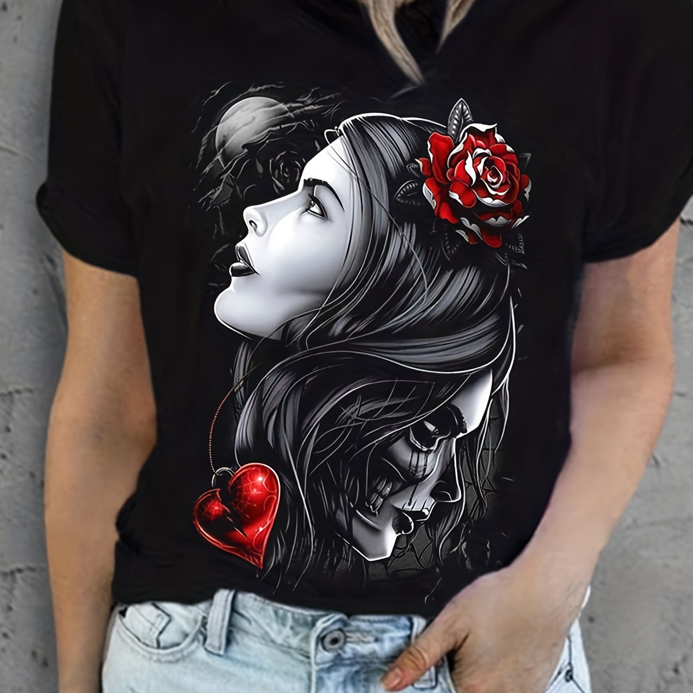 Rose Woman & Skull Print T-shirt, Gothic Short Sleeve Top For Spring & Summer, Women's Clothing
Rose Woman & Skull Print T-shirt, Gothic Short Sleeve Top For Spring & Summer, Women's Clothing