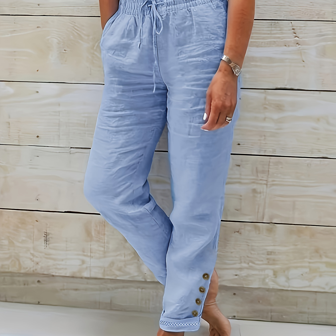 Fake Buttons Drawstring Waist Pants, Casual Straight Leg Pants For Spring & Summer, Women's Clothing
Fake Buttons Drawstring Waist Pants, Casual Straight Leg Pants For Spring & Summer, Women's Clothing