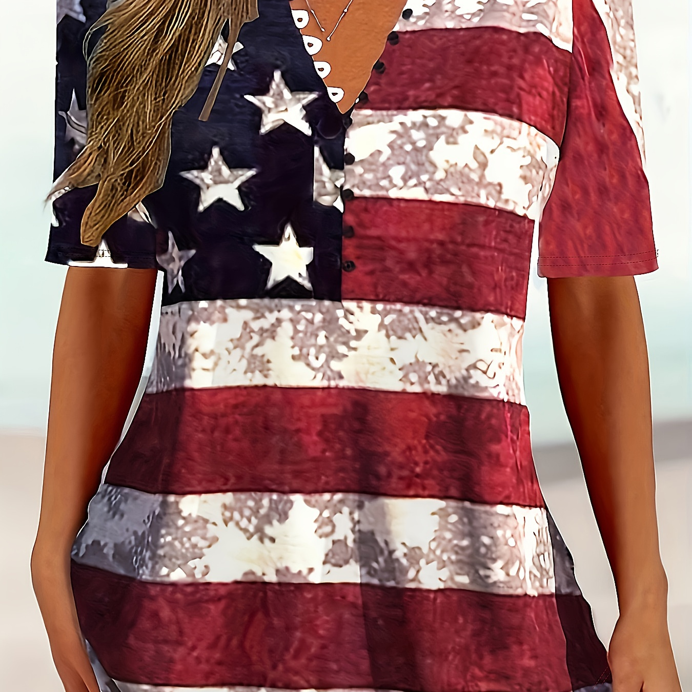 Plus Size Flag Print Notch Neck T-shirt, Casual Short Sleeve Top For Spring & Summer, Women's Plus Size Clothing
Plus Size Flag Print Notch Neck T-shirt, Casual Short Sleeve Top For Spring & Summer, Women's Plus Size Clothing