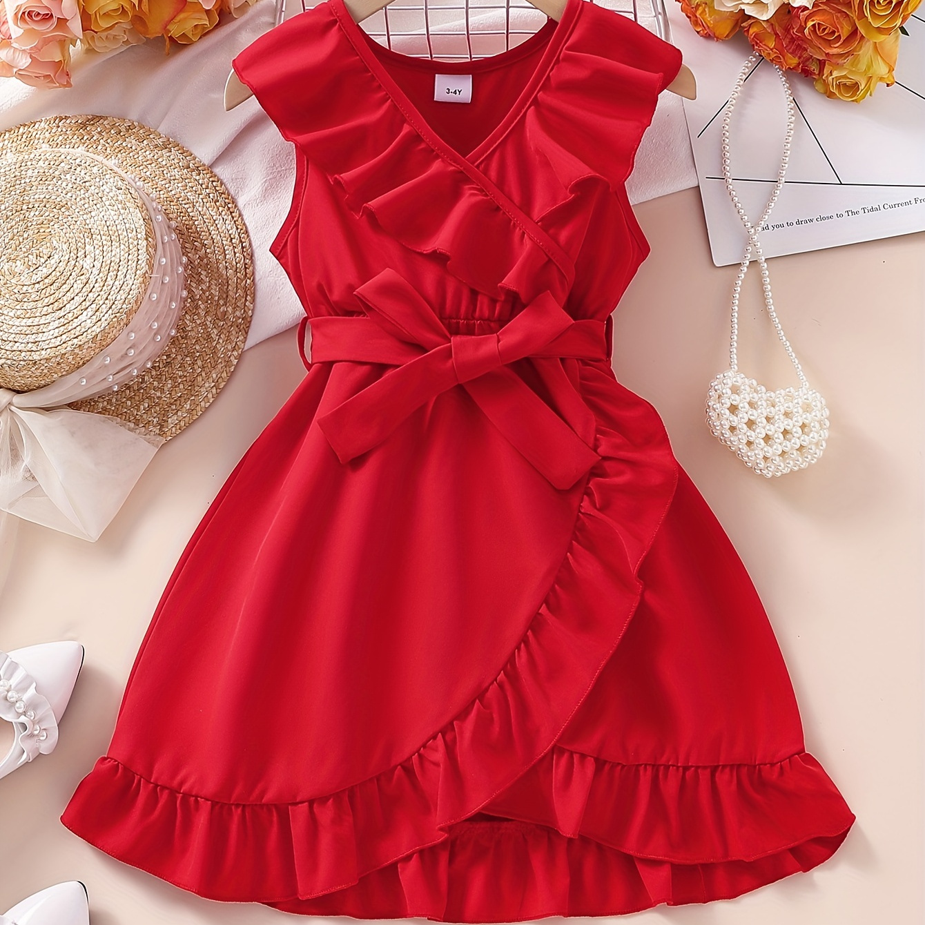 Girls Sweet Ruffle V-neck Sleeveless Solid Dress + Belt, Adorable & Fashion Dresses Perfect For Summer, Party, Holiday Gift
Girls Sweet Ruffle V-neck Sleeveless Solid Dress + Belt, Adorable & Fashion Dresses Perfect For Summer, Party, Holiday Gift