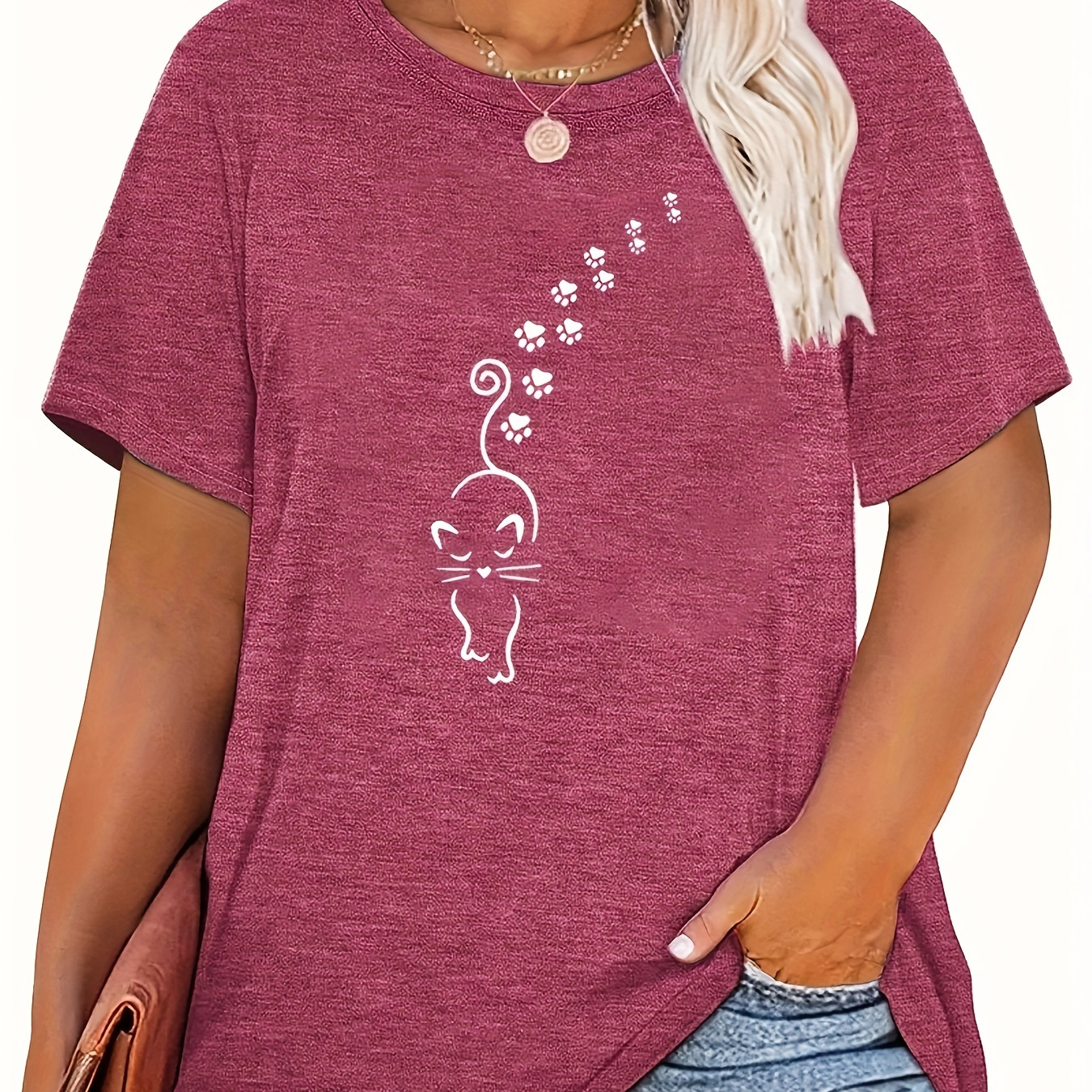 Plus Size Cat Print T-shirt, Casual Crew Neck Short Sleeve Top For Spring & Summer, Women's Plus Size Clothing
Plus Size Cat Print T-shirt, Casual Crew Neck Short Sleeve Top For Spring & Summer, Women's Plus Size Clothing