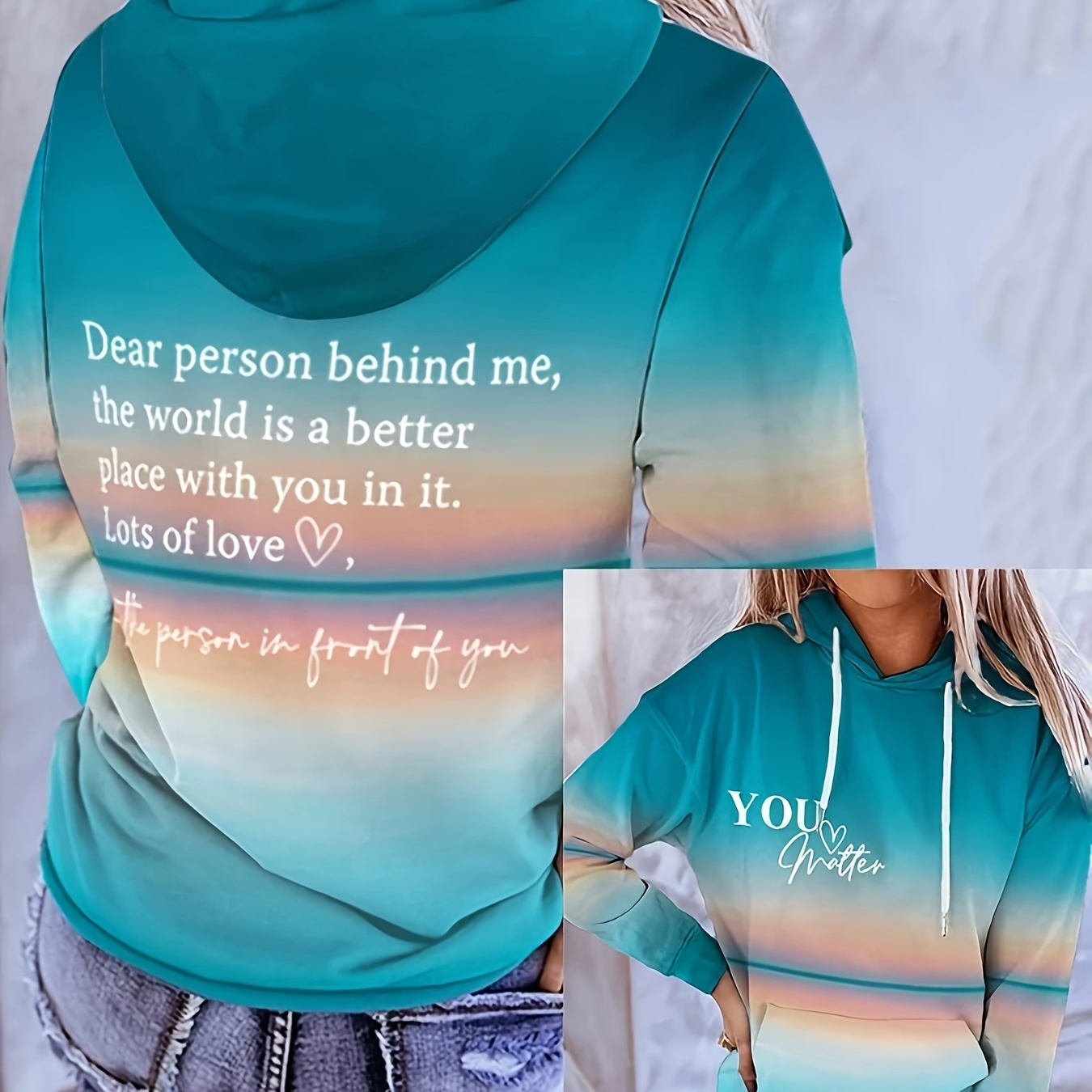 Gradient Color Letter Print Hoodie, Casual Kangaroo Pocket Long Sleeve Drawstring Hooded Sweatshirt, Women's Clothing
Gradient Color Letter Print Hoodie, Casual Kangaroo Pocket Long Sleeve Drawstring Hooded Sweatshirt, Women's Clothing