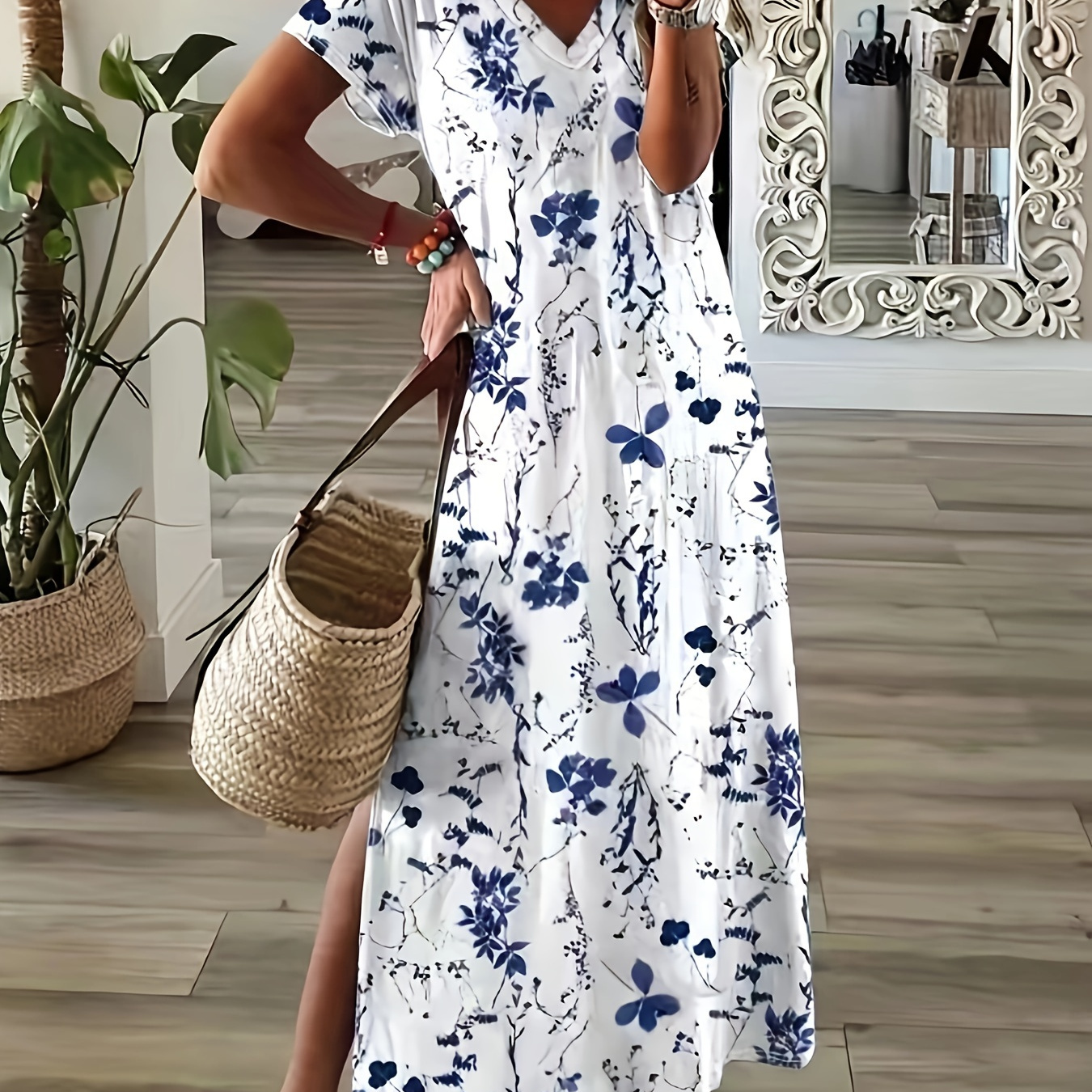 Plus Size Floral Print Split Hem Dress, Casual Long Length Short Sleeve V Neck Dress For Spring & Summer, Women's Plus Size Clothing
Plus Size Floral Print Split Hem Dress, Casual Long Length Short Sleeve V Neck Dress For Spring & Summer, Women's Plus Size Clothing