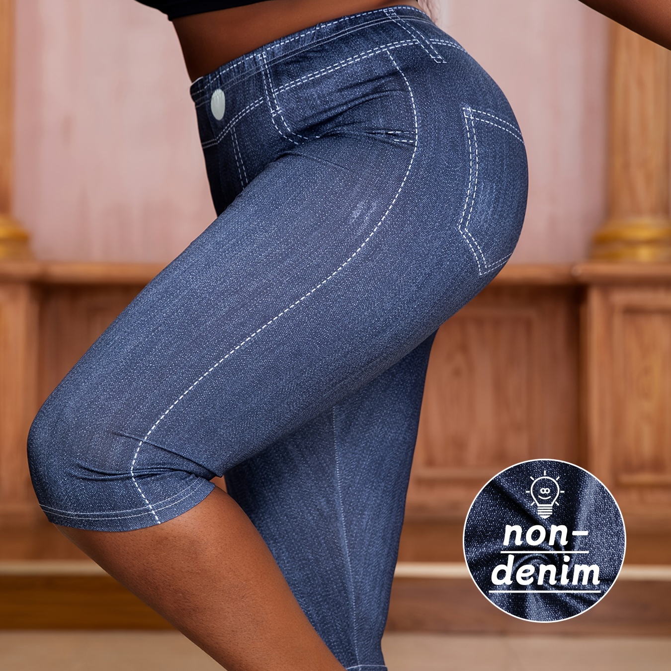 Plus Size Faux Denim Print Skinny Capris Leggings, Casual High Waist Crop Leggings For Spring & Summer, Women's Plus Size Clothing
Plus Size Faux Denim Print Skinny Capris Leggings, Casual High Waist Crop Leggings For Spring & Summer, Women's Plus Size Clothing