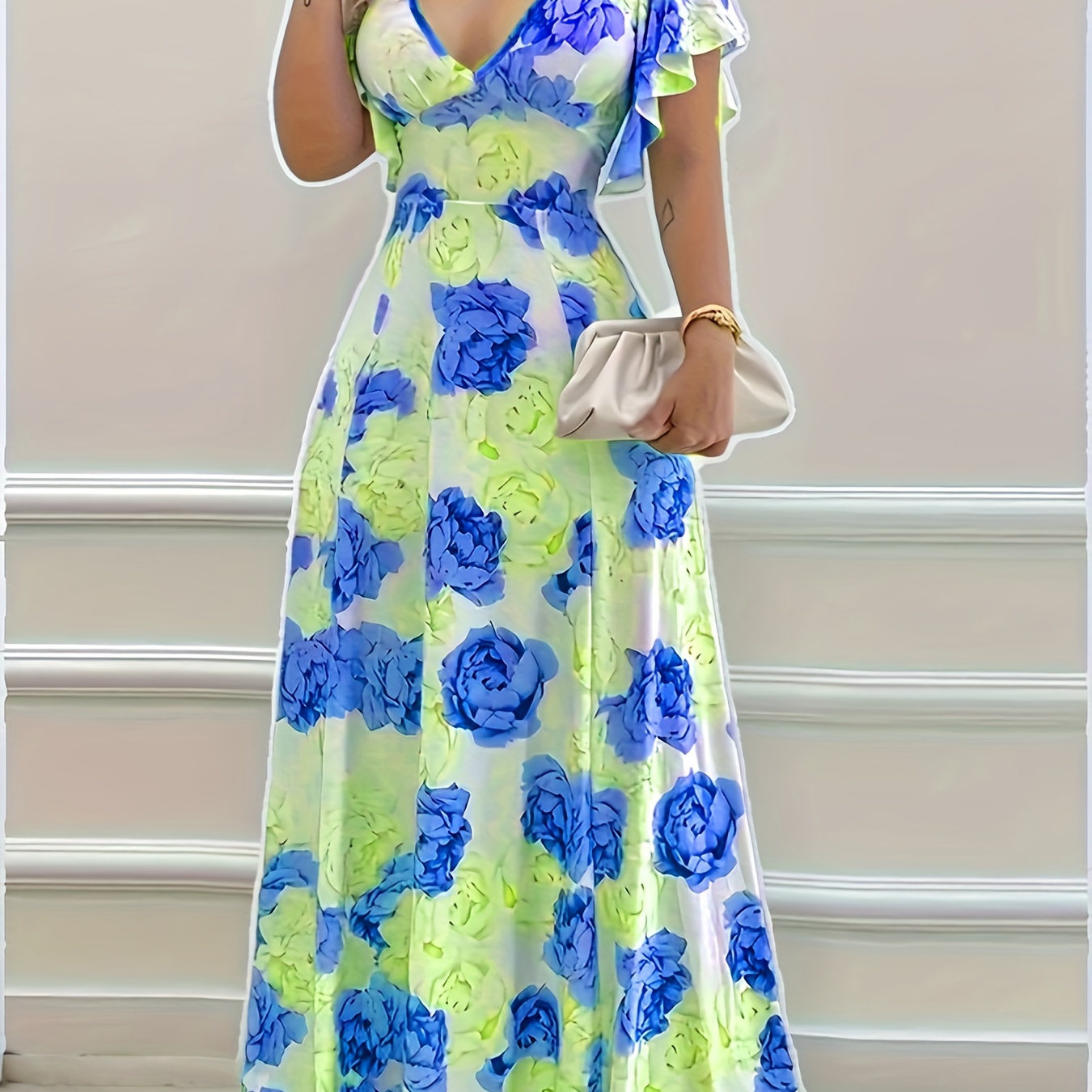 Floral Print V-neck Maxi Dress, Elegant Flutter Sleeve Dress For Spring & Summer, Women's Clothing
Floral Print V-neck Maxi Dress, Elegant Flutter Sleeve Dress For Spring & Summer, Women's Clothing