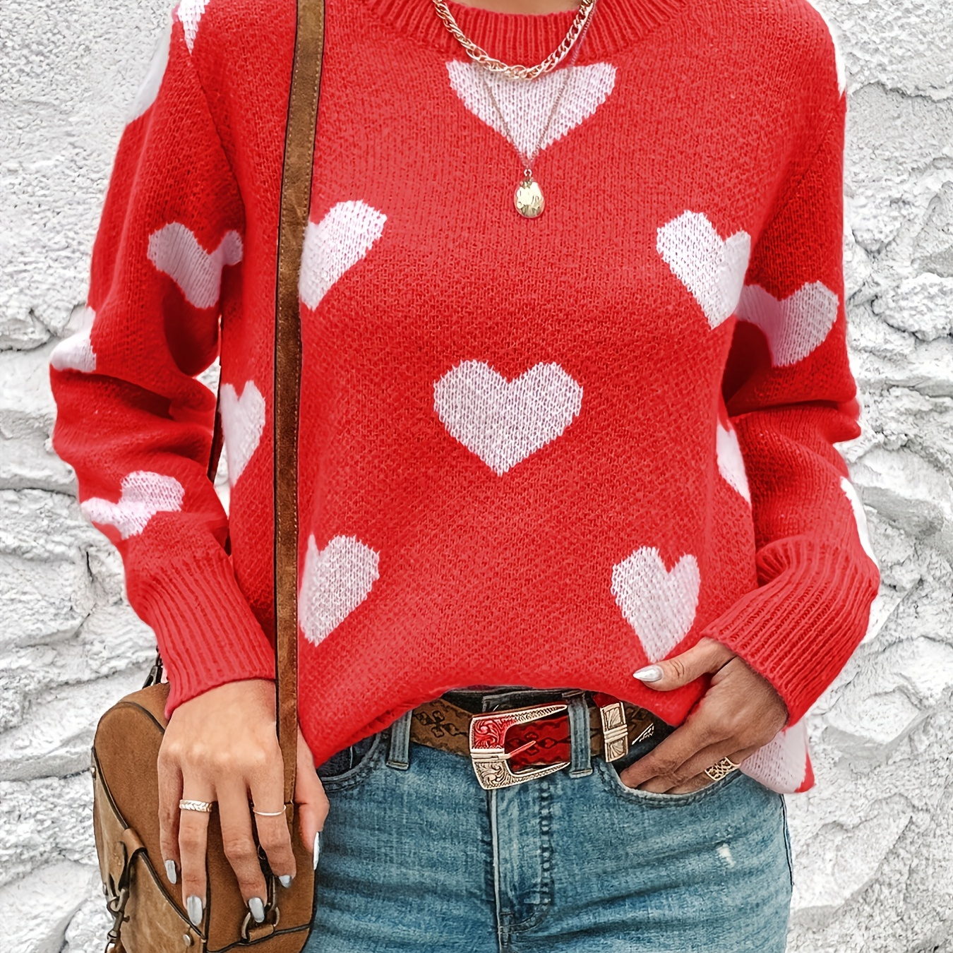 Women's Casual Acrylic Sweater With Heart Pattern, Round Neck, Design, Knitted Fabric, Autumn/
Women's Casual Acrylic Sweater With Heart Pattern, Round Neck, Design, Knitted Fabric, Autumn/