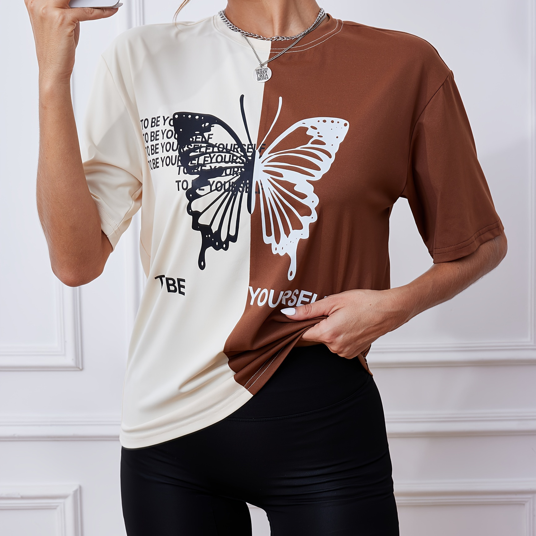 Butterfly & Letter Print Crew Neck T-shirt, Casual Short Sleeve T-shirt For Spring & Summer, Women's Clothing
Butterfly & Letter Print Crew Neck T-shirt, Casual Short Sleeve T-shirt For Spring & Summer, Women's Clothing