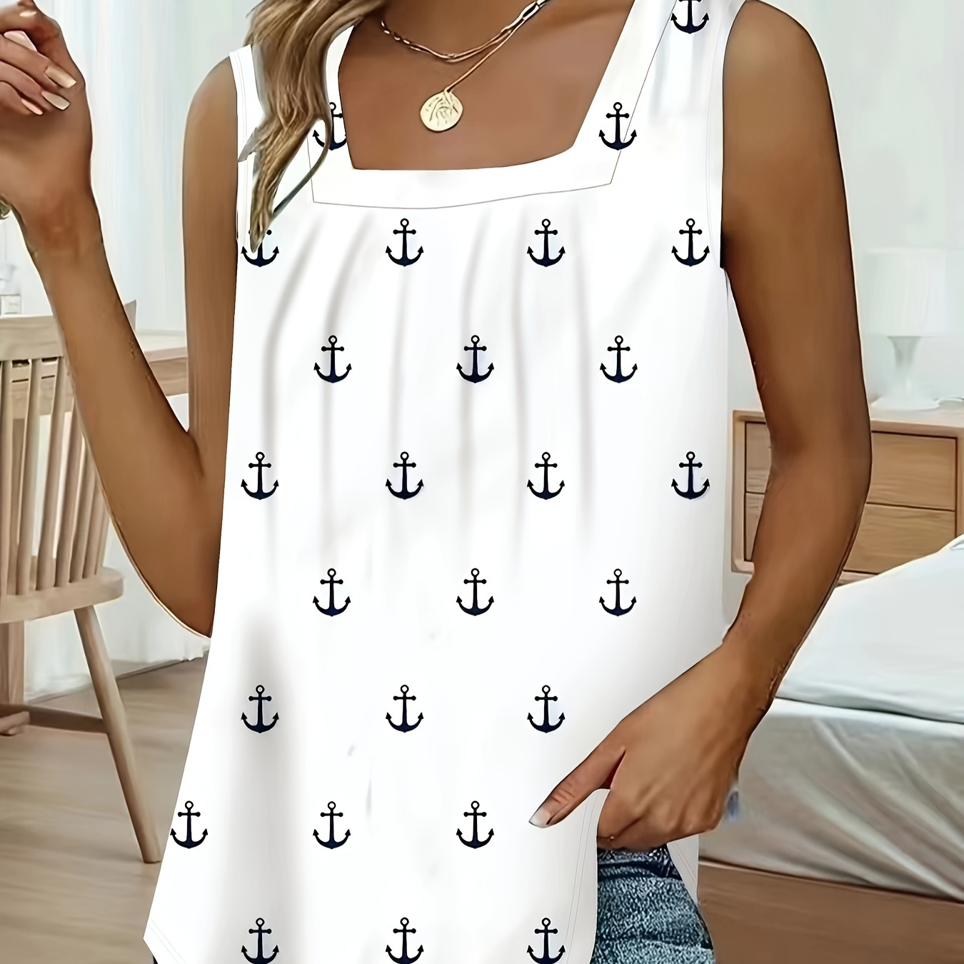 Plus Size Anchor Print Tank Top, Casual Ruched Square Neck Sleeveless Tank Top For Summer, Women's Plus Size clothing
Plus Size Anchor Print Tank Top, Casual Ruched Square Neck Sleeveless Tank Top For Summer, Women's Plus Size clothing