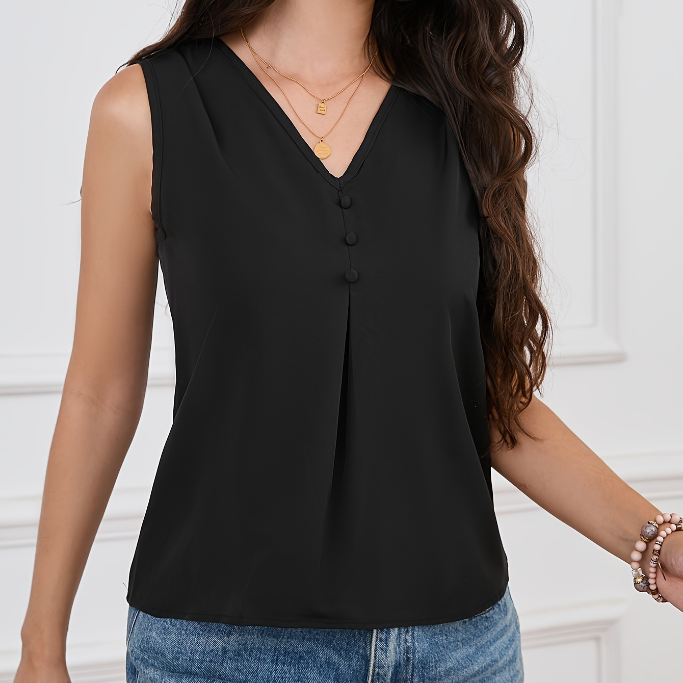 Solid Color V Neck Blouse, Elegant Sleeveless Blouse For Spring & Summer, Women's Clothing
Solid Color V Neck Blouse, Elegant Sleeveless Blouse For Spring & Summer, Women's Clothing