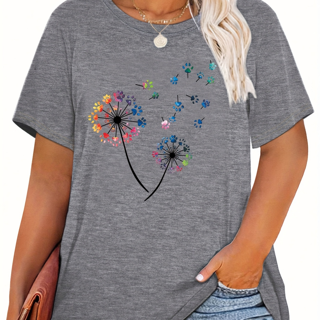 Plus Size Casual T-shirt, Women's Plus Dandelion Print Short Sleeve Round Neck Medium Stretch T-shirt
Plus Size Casual T-shirt, Women's Plus Dandelion Print Short Sleeve Round Neck Medium Stretch T-shirt